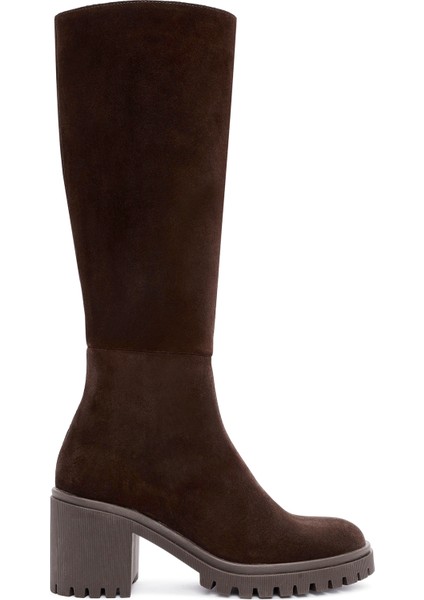 Kadın Kahverengi Fermuarlı Kalın Topuklu Süet Deri Çizme 25WFD201410