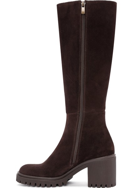 Kadın Kahverengi Fermuarlı Kalın Topuklu Süet Deri Çizme 25WFD201410 fırsatları