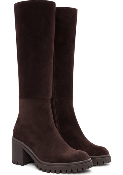 Kadın Kahverengi Fermuarlı Kalın Topuklu Süet Deri Çizme 25WFD201410 indirimleri