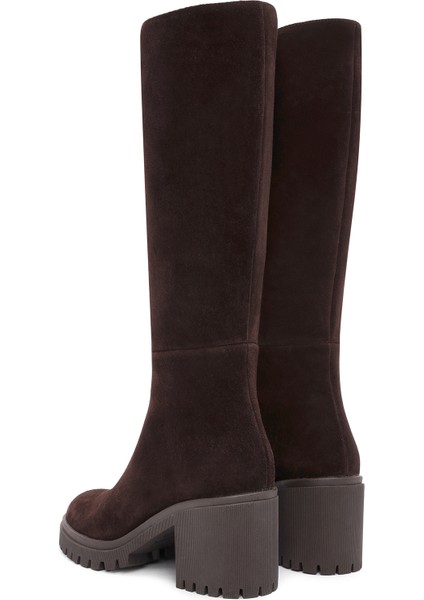 Kadın Kahverengi Fermuarlı Kalın Topuklu Süet Deri Çizme 25WFD201410