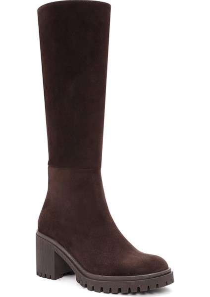 Kadın Kahverengi Fermuarlı Kalın Topuklu Süet Deri Çizme 25WFD201410