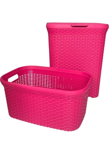 2'li Set Hasır Desenli Plastik Fusya Çamaşır Sepeti & Fusya Çamaşır Selesi