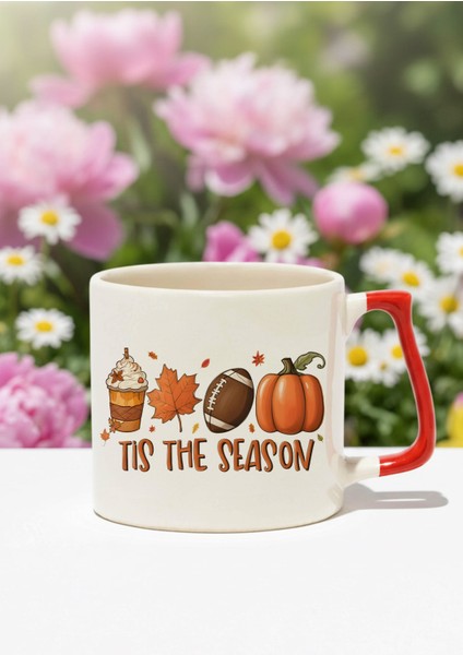 Sonbahar Temalı Kahveler No:2 Baskılı Kırmızı D Kulplu Kupa Bardak