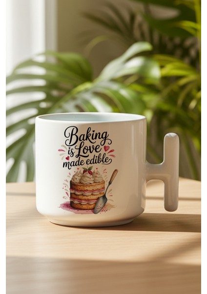 Baking Love Baskılı Hediyelik T Kulplu Latte Fincanı Kupa Bardak