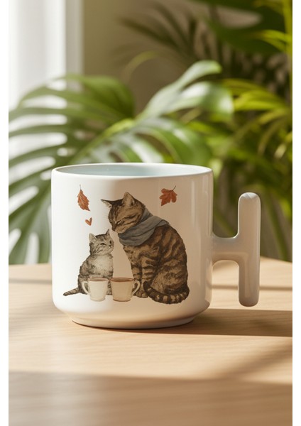 Sonbahar Temalı Sevimli Kedi No:12 Baskılı Hediyelik T Kulplu Latte Fincanı Kupa Bardak