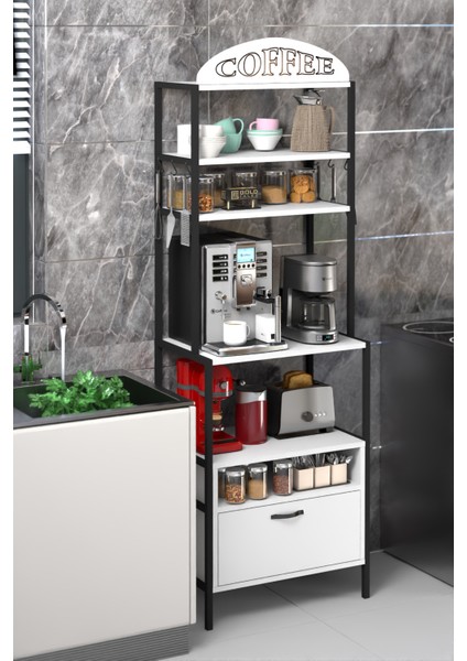 Kahve Köşesi Metal Profil Çerçeveli Çok Amaçlı Kahve ve Mutfak Rafı Beyaz