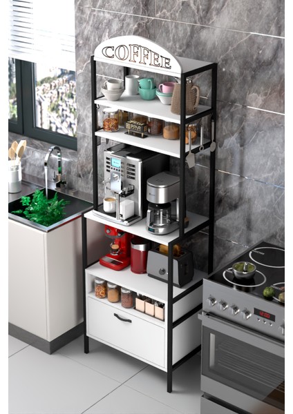 Kahve Köşesi Metal Profil Çerçeveli Çok Amaçlı Kahve ve Mutfak Rafı Beyaz fiyatları