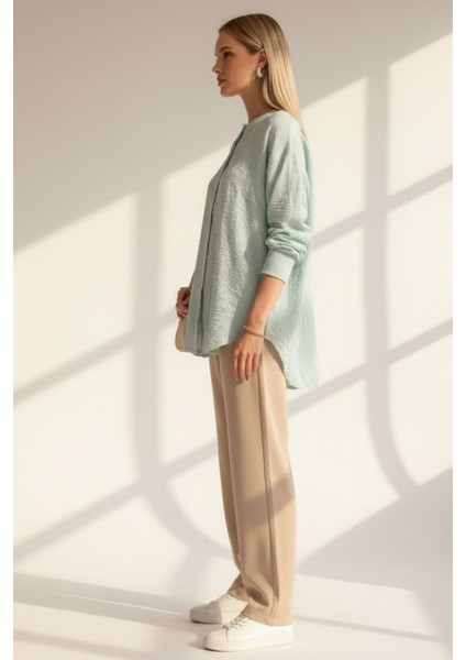 Kadın Müslin Kumaş Mint Yeşili Uzun Kollu Düğmeli Hakim Yaka Rahat Bluz, Kadın Gömlek modelleri