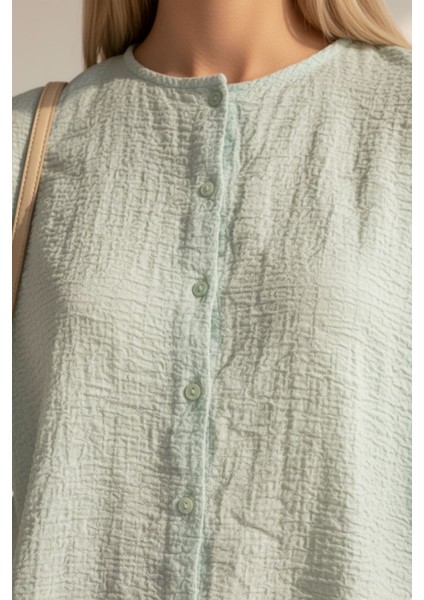 Kadın Müslin Kumaş Mint Yeşili Uzun Kollu Düğmeli Hakim Yaka Rahat Bluz, Kadın Gömlek indirimleri