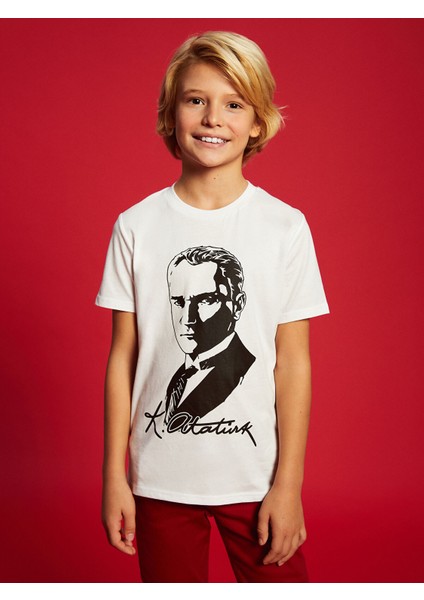 Yeni Sezon Bisiklet Yaka Atatürk Baskılı Erkek Çocuk Tişört