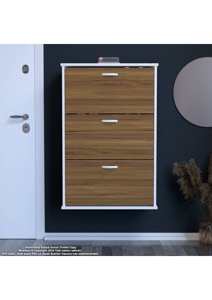 Uygar Ceviz Renk Asma Ayakkabılık Antre Hol 3 Düşer Kapak 6 Göz Bölmeli Ayakkabılık 52X107X25,5 cm