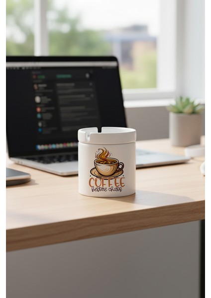 Coffee Before Chaos Baskılı Seramik Kapaklı Kokusuz Küllük