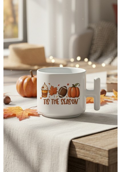 Sonbahar Temalı Kahveler No:2 Baskılı Hediyelik T Kulplu Latte Fincanı Kupa Bardak