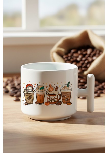 Sonbahar Temalı Kahveler No:8 Baskılı Hediyelik T Kulplu Latte Fincanı Kupa Bardak