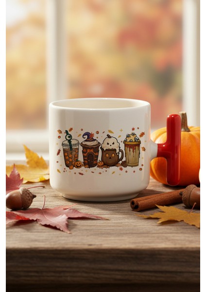 Sonbahar Temalı Kahveler No:3 Baskılı Kırmızı Renkli T Kulplu Latte Fincanı Kupa