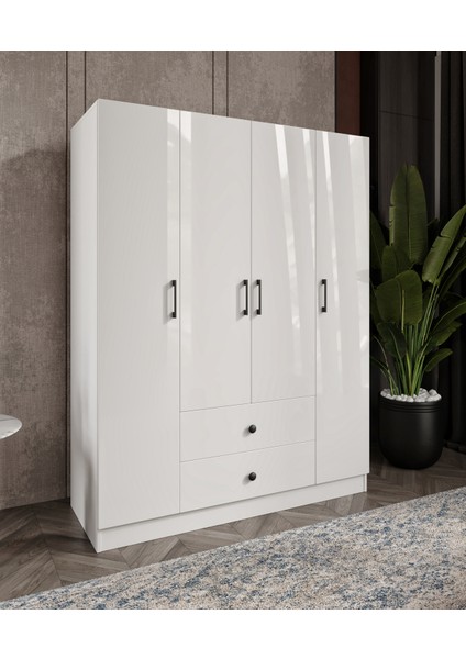 %100 Mdf 4 Kapaklı 2 Çekmeceli 12 Raflı Elbise Dolabı – Gardırop Hi-Gloss Parlak Kapak 182X140X52 cm Moriva