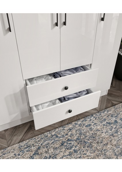 %100 Mdf 4 Kapaklı 2 Çekmeceli 12 Raflı Elbise Dolabı – Gardırop Hi-Gloss Parlak Kapak 182X140X52 cm Moriva fırsatları