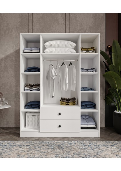%100 Mdf 4 Kapaklı 2 Çekmeceli 12 Raflı Elbise Dolabı – Gardırop Hi-Gloss Parlak Kapak 182X140X52 cm Moriva indirimleri