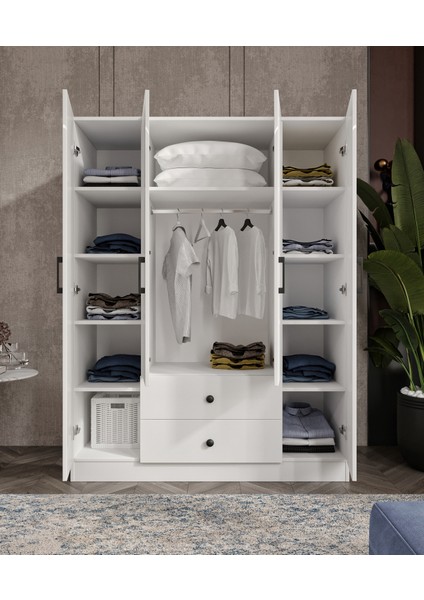 %100 Mdf 4 Kapaklı 2 Çekmeceli 12 Raflı Elbise Dolabı – Gardırop Hi-Gloss Parlak Kapak 182X140X52 cm Moriva