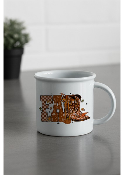 Sonbahar Temalı Fall Baskılı Enamel Görünümlü Seramik Vintage Kupa Bardak