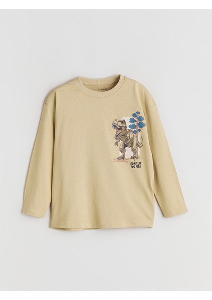 Yeni Sezon Bisiklet Yaka Dinozor Baskılı Erkek Çocuk Tişört