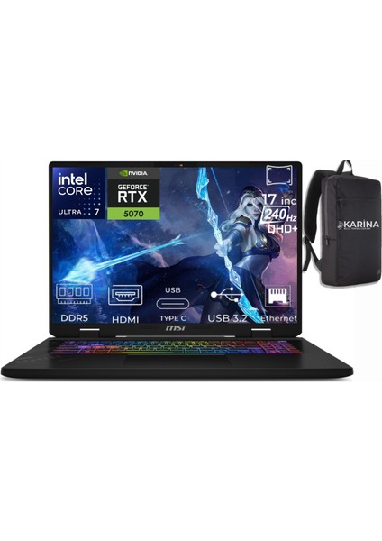 Msı Crosshair 17 Hx Aı Ultra 7 255HX D2XWGKG-018XTR-047 64GB 1tb+1tb RTX5070 8gb W11PRO 17" Wqxga Gaming Laptop
