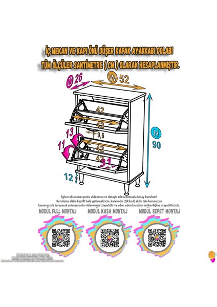 Asaf Beyaz Renk 52 cm Kapı Önü Ayakkabılık 2 Düşer Kapak 4 Göz Bölmeli Ayakkabılık 52X90X25,5 cm fiyatları