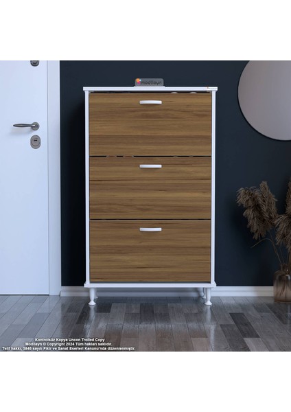 Uygar Antre Ceviz Renk Ayakkabılık 52 cm 3 Düşer Kapak 6 Göz Raf Bölmeli Ayakkabılık 52X119X25,5 cm