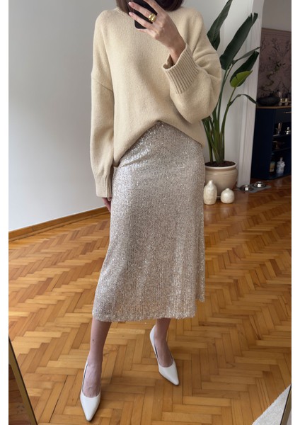 Pul Payetli Premium Etek- Bej