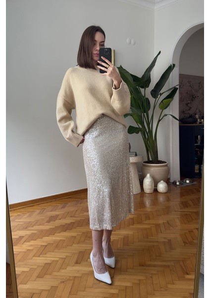 Pul Payetli Premium Etek- Bej fırsatları