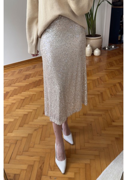 Pul Payetli Premium Etek- Bej indirimleri