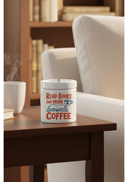 Read Books And Coffee No:2 Baskılı Seramik Kapaklı Kokusuz Küllük
