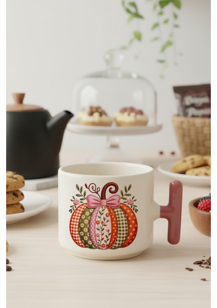 Desenli Balkabağı Baskılı Pembe Renkli T Kulplu Latte Fincanı Kupa