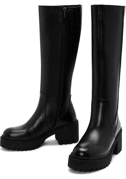 Kadın Siyah Fermuarlı Kalın Topuklu Deri Çizme 25WFD510618 modelleri
