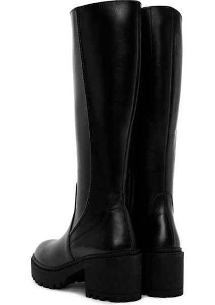 Kadın Siyah Fermuarlı Kalın Topuklu Deri Çizme 25WFD510618