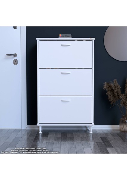 Uygar Antre Beyaz Renk Ayakkabılık 3 Düşer Kapaklı 6 Göz Bölmeli Ayakkabılık 52X119X25,5 cm