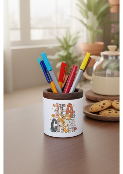 Teacher Çiçek Desenli Öğretmen Baskılı Seramik Kalemlik Masaüstü Düzenleyici