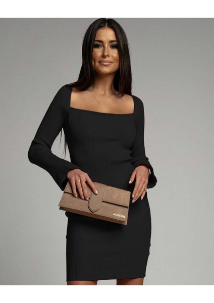 Kadın Uzun Kollu Kare Yaka Kol Ucu Ispanyol Triko Elbise fiyatları