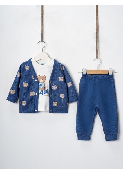 Baby Erkek Bebek 3'lü Selanik Kumaş Hırkalı Takım Ayıcık Hb Baskılı Sweatshirt Beli Lastikli Alt