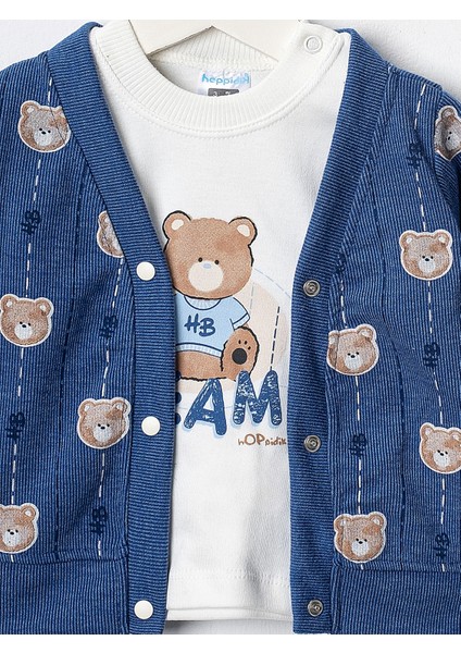 Baby Erkek Bebek 3'lü Selanik Kumaş Hırkalı Takım Ayıcık Hb Baskılı Sweatshirt Beli Lastikli Alt fiyatları