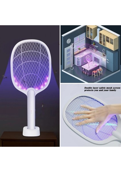Şarjlı Sinek Öldürücü Masaüstü Standlı,mor Işık Sinek Kovucu Raket 5W (4887) modelleri
