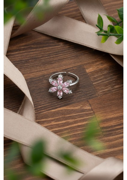 925 Ayar Pembe Taşlı Rodyum Lotus Çiçeği Ayarlanabilir Gümüş Yüzük