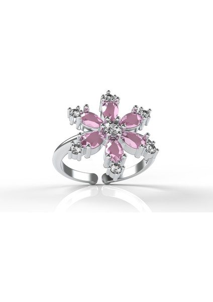925 Ayar Pembe Taşlı Rodyum Lotus Çiçeği Ayarlanabilir Gümüş Yüzük modelleri