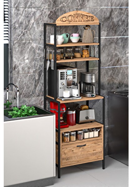 Kahve Köşesi Metal Profil Çerçeveli Çok Amaçlı Kahve ve Mutfak Rafı Atlantik Çam