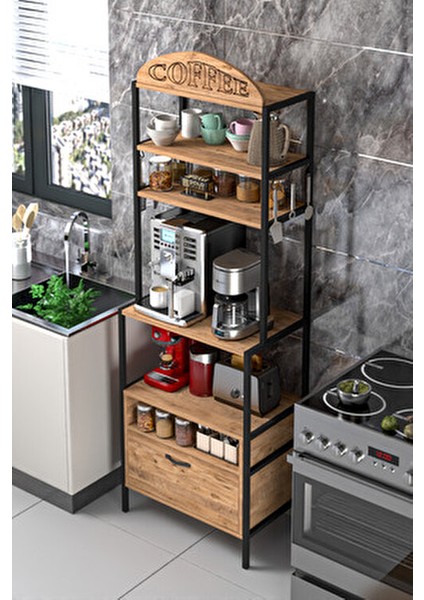 Kahve Köşesi Metal Profil Çerçeveli Çok Amaçlı Kahve ve Mutfak Rafı Atlantik Çam fiyatları