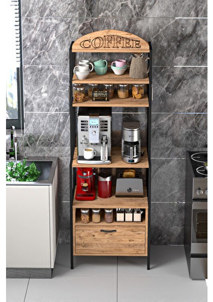 Kahve Köşesi Metal Profil Çerçeveli Çok Amaçlı Kahve ve Mutfak Rafı Atlantik Çam modelleri
