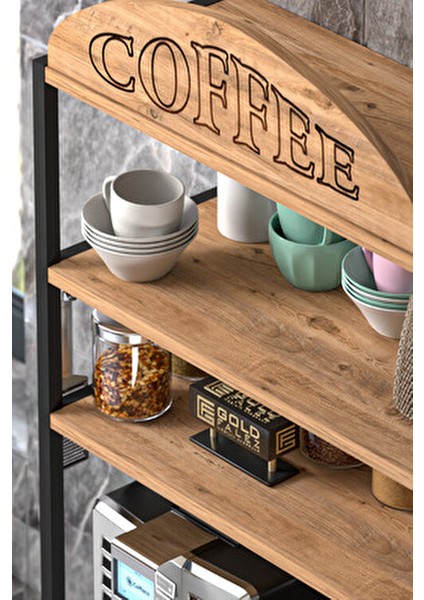 Kahve Köşesi Metal Profil Çerçeveli Çok Amaçlı Kahve ve Mutfak Rafı Atlantik Çam fırsatları