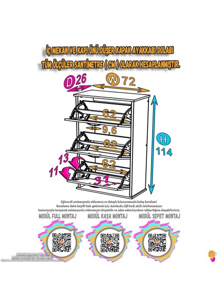Uygar Meşe Renk Asma Ayakkabılık Kapı Önü 3 Düşer Kapak 6 Göz Bölmeli Ayakkabılık 72X115X25,5 cm fiyatları