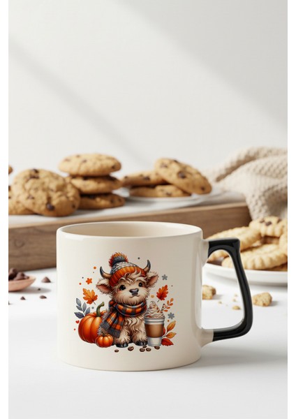 Sonbahar Teması Fall Vibes Highland Cow Baskılı Siyah D Kulplu Kupa Bardak