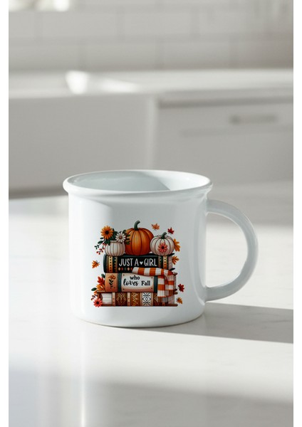 Just A Girl Who Loves Fall Baskılı Enamel Görünümlü Seramik Vintage Kupa Bardak